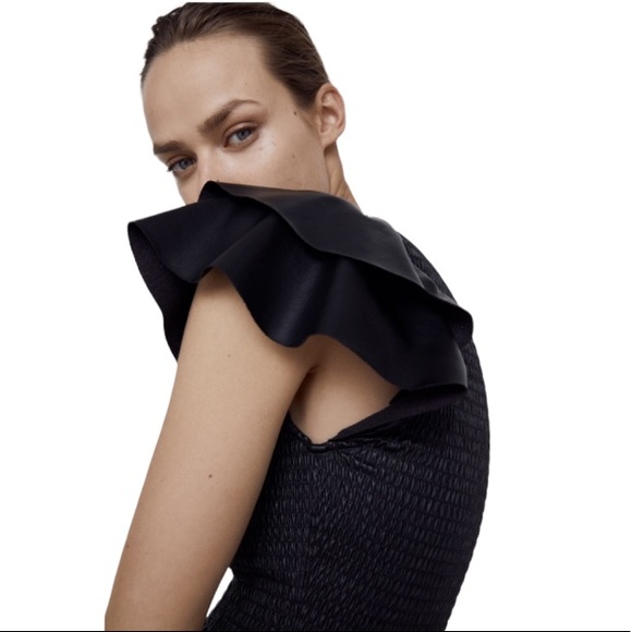 Zara Smocked Faux Leather Ruffle Sleeve Midi Dress - Picture 3 of 9